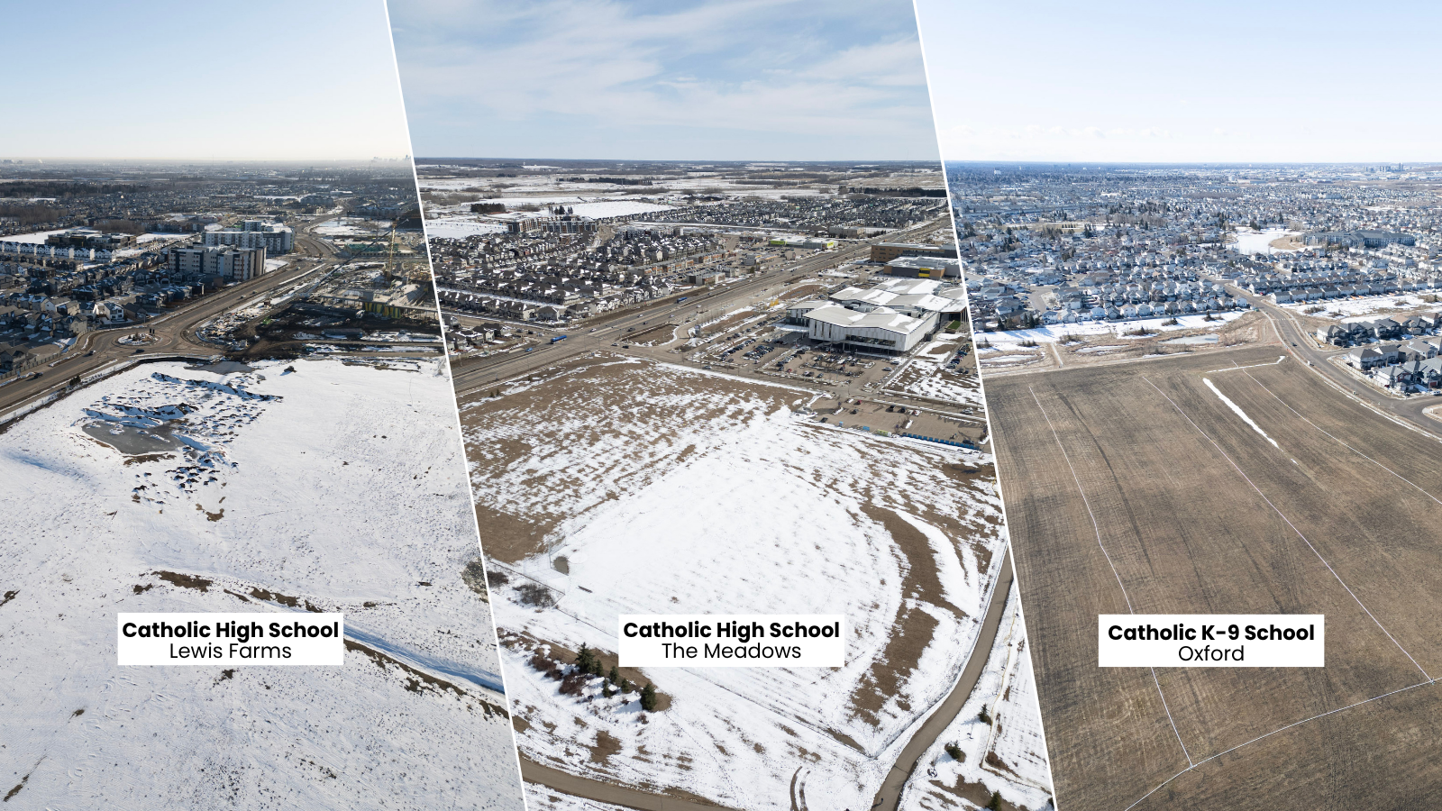 Aerial images of new school locations approved for design with names of locations