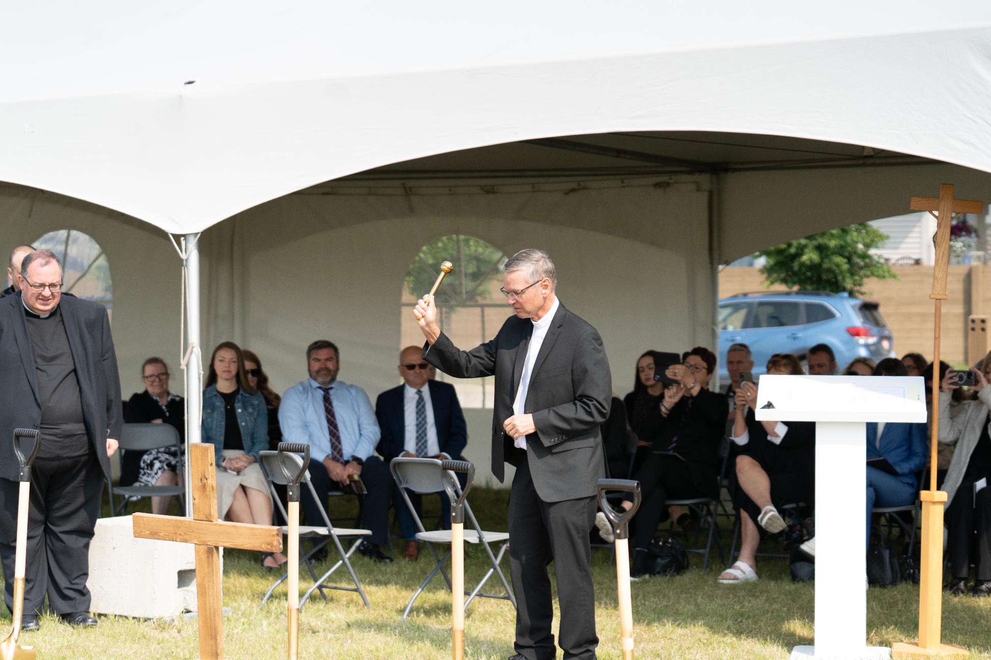 Bishop David Motiuk blesses the site of the new Catholic K-9 Cavanagh/Heritage Valley school. 