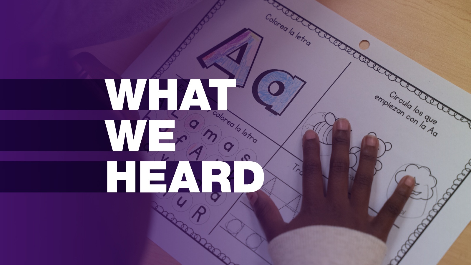 What We Heard with a photo of a child's hand on a worksheet