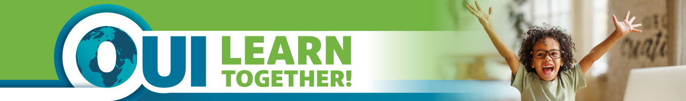 Oui Learn Together Banner image with child excited and arms in the air