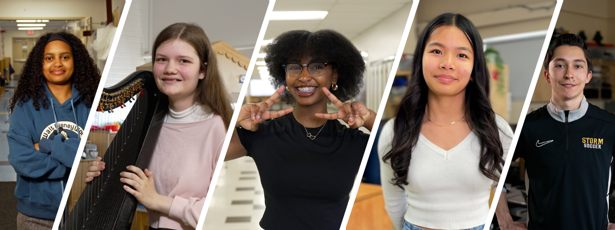 Photo collage of five students