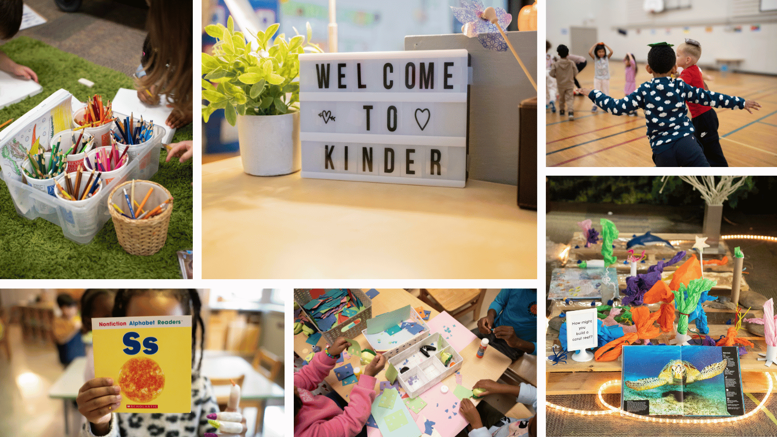 Images of Kindergarten activities drawing, reading, art, physical education, welcome to kinder sign