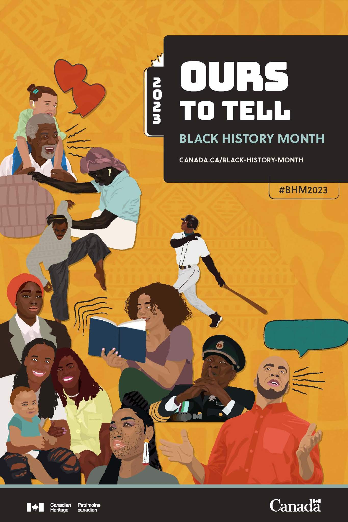 English poster with golden yellow background as well as various prints. The poster features 13 individuals from diverse Black communities depicting various forms of storytelling.  English text:  Ours to tell  Black History Month 2023  Canada.ca/Black-History-Month  #BHM2023