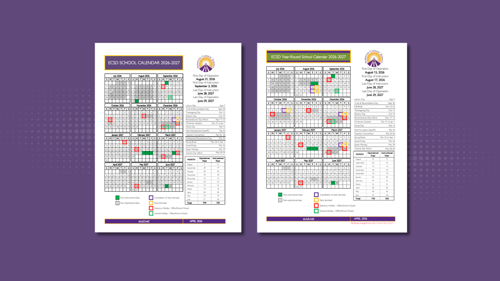 ECSD Updates 2026–2027 School Year Calendars