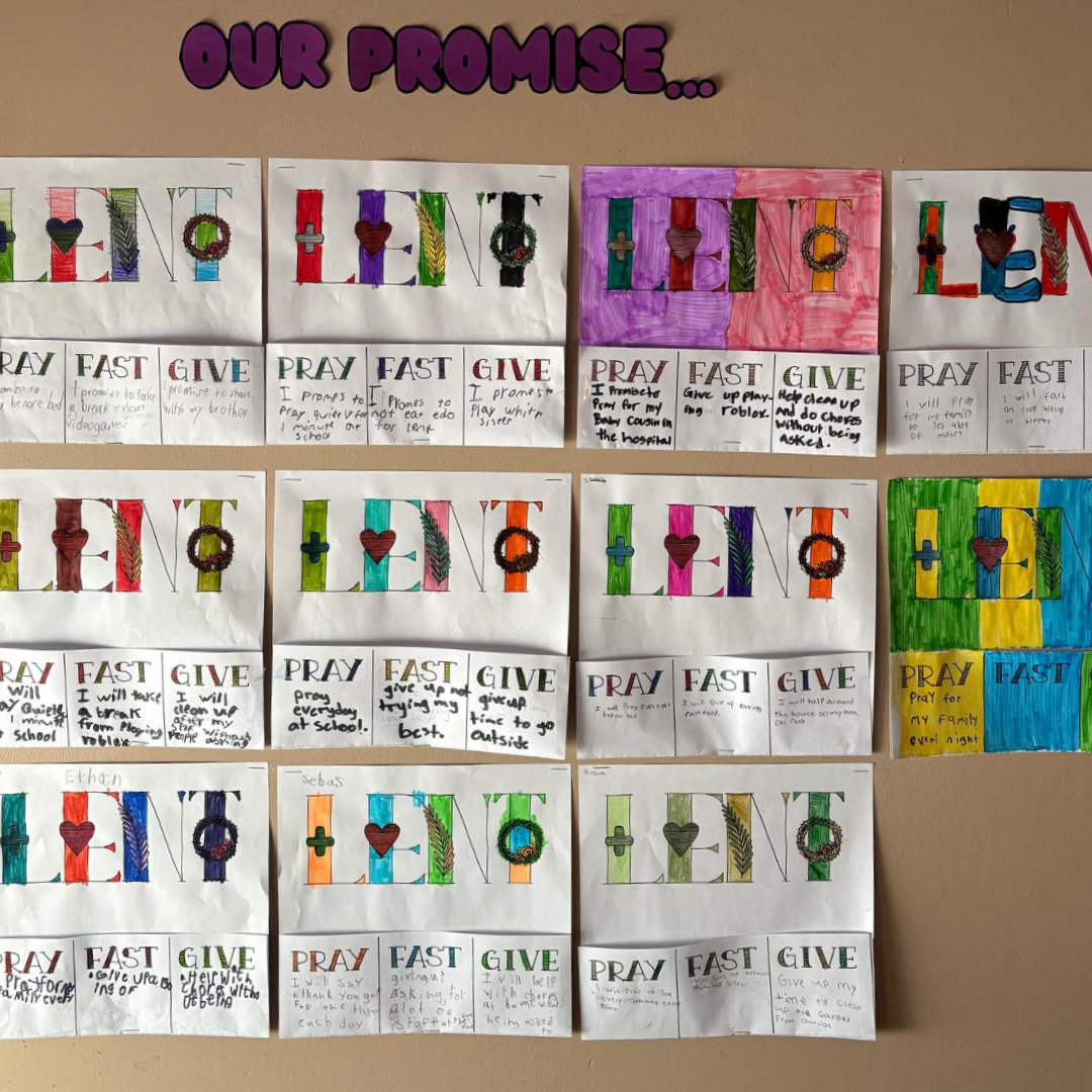 Lenten bulletin board with promises written out
