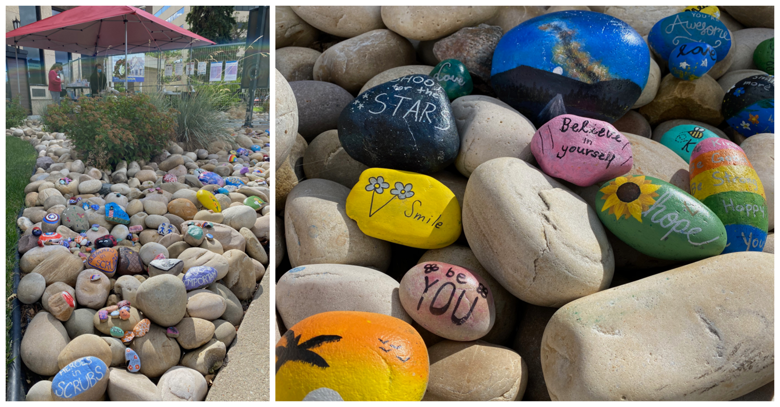 yegSpark members worked on several projects to brighten the visitors area at Edmonton General Continuing Care Centre in summer 2020 after visits had to be moved outside because of the pandemic. They painted dozens of rocks with cheerful, encouraging messages for patients and their families.