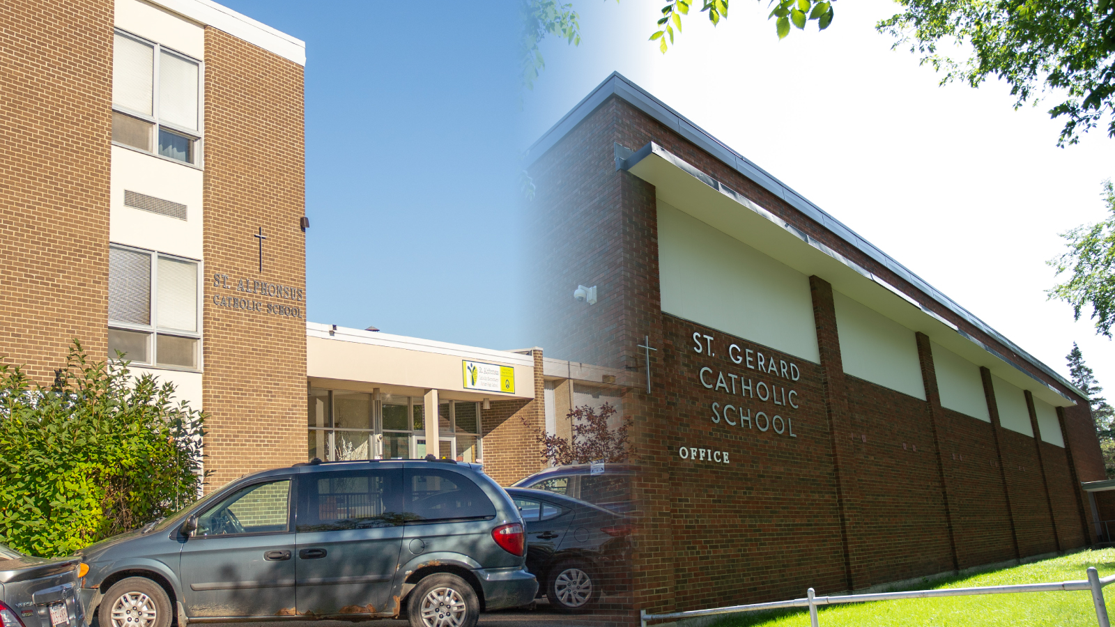 Side‑by‑side exterior images of St. Alphonsus Catholic School and St. Gerard Catholic School in Edmonton.