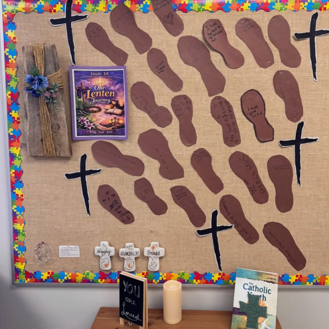 Lenten Bulletin Board with footsteps and a cross