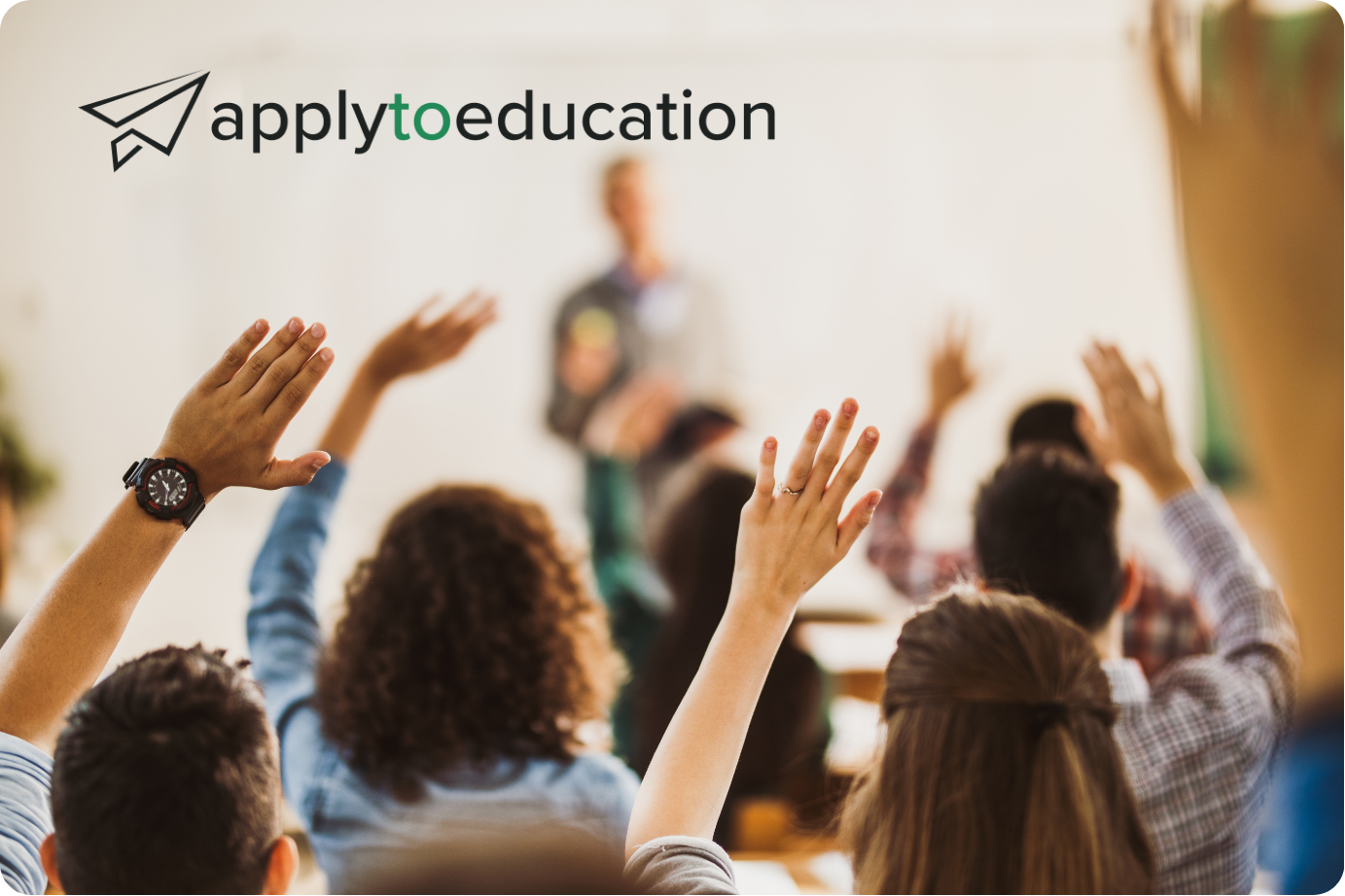 Students raising their hands. Logo for Apply for Education overlaid