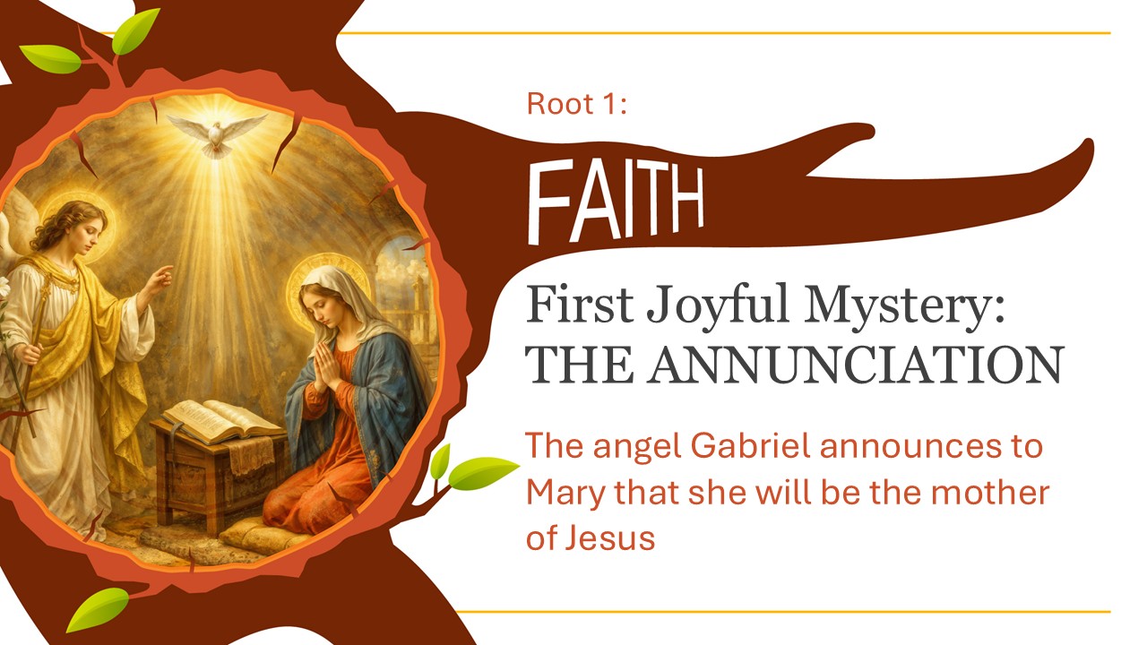 Annunciation scene representing Faith, the first Root of Joy.