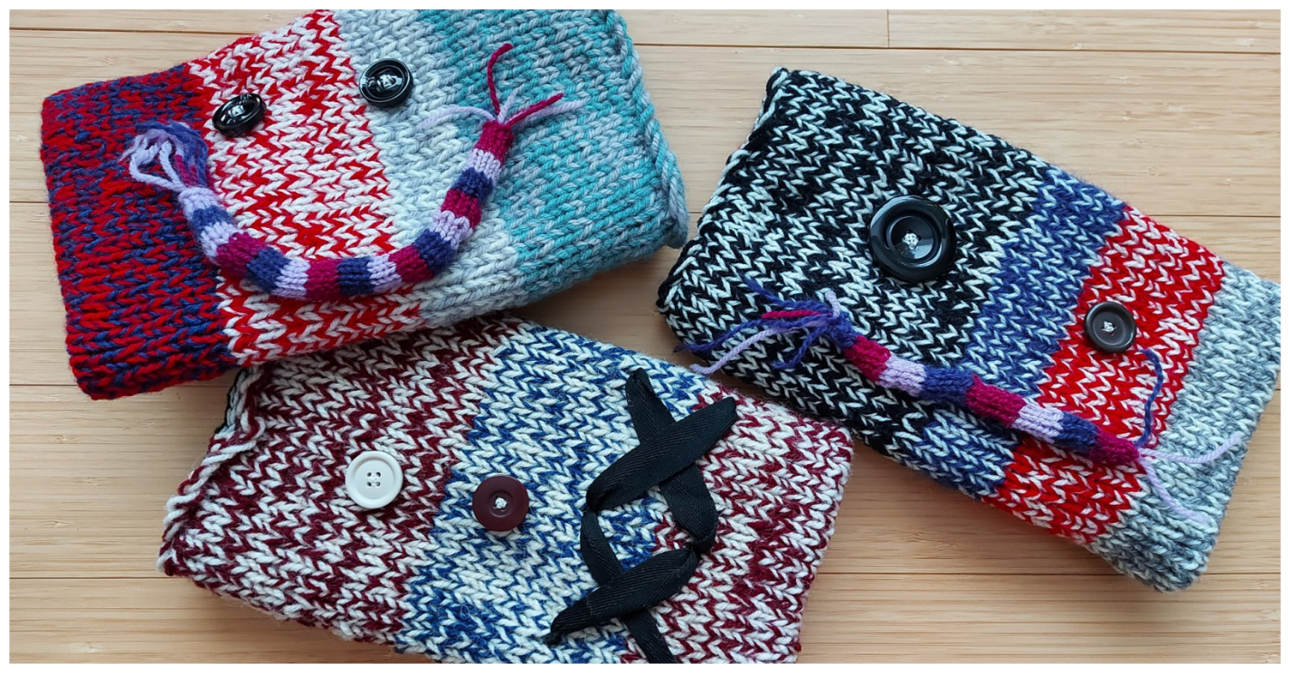 One of the most popular yegSpark service opportunities so far is making twiddlemuffs, cozy knit or crochet handwarmers adorned with fidgets to soothe patients with dementia at Grey Nuns Community Hospital. Member Karen Yeung knit this trio.