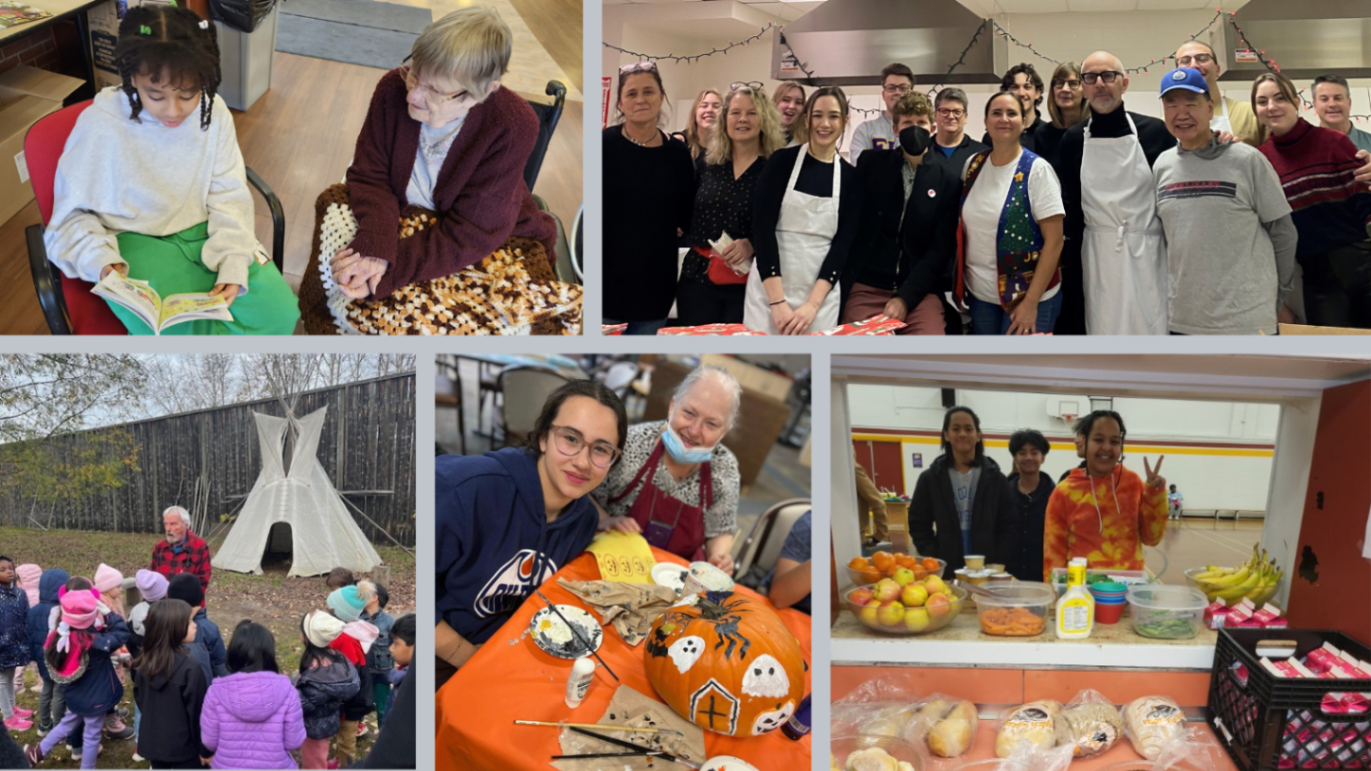 Students interacting with seniors, serving lunch, creating art, learning about Indigenous traditions