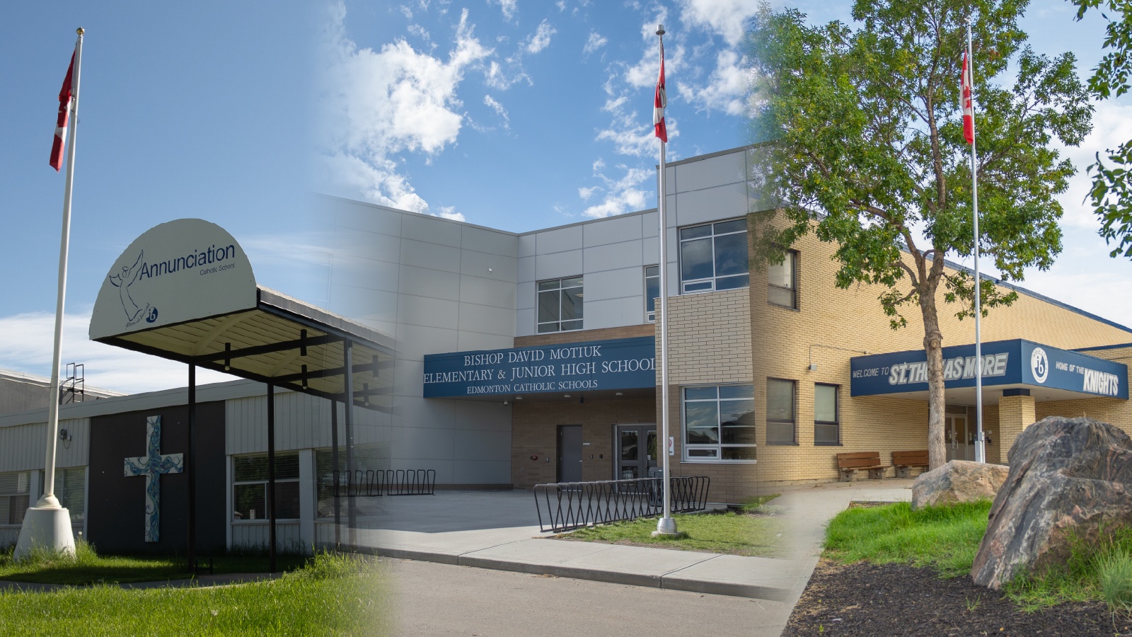 A photo collage of Annunciation, Bishop David Motiuk and St. Thomas More Schools